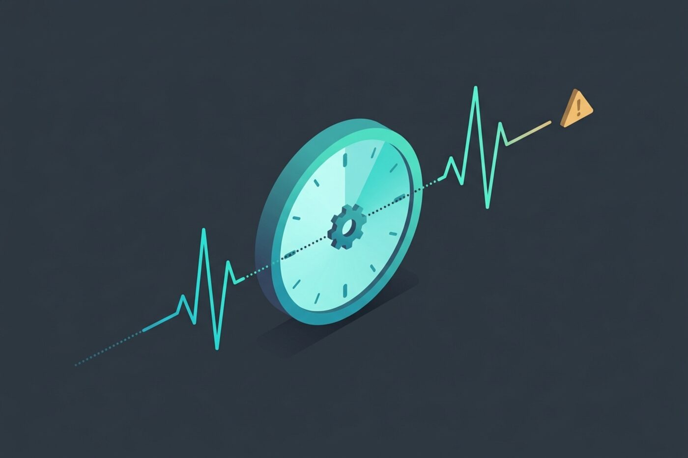 Flat illustration of a clock face linked to a heartbeat waveform that flattens out with a warning marker, representing a cron job failing silently
