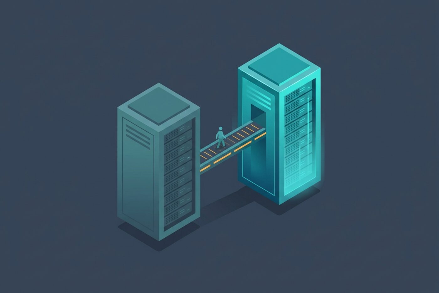 Flat illustration of two server towers connected by a bridge, the smaller one mirroring the larger, representing a staging environment alongside production