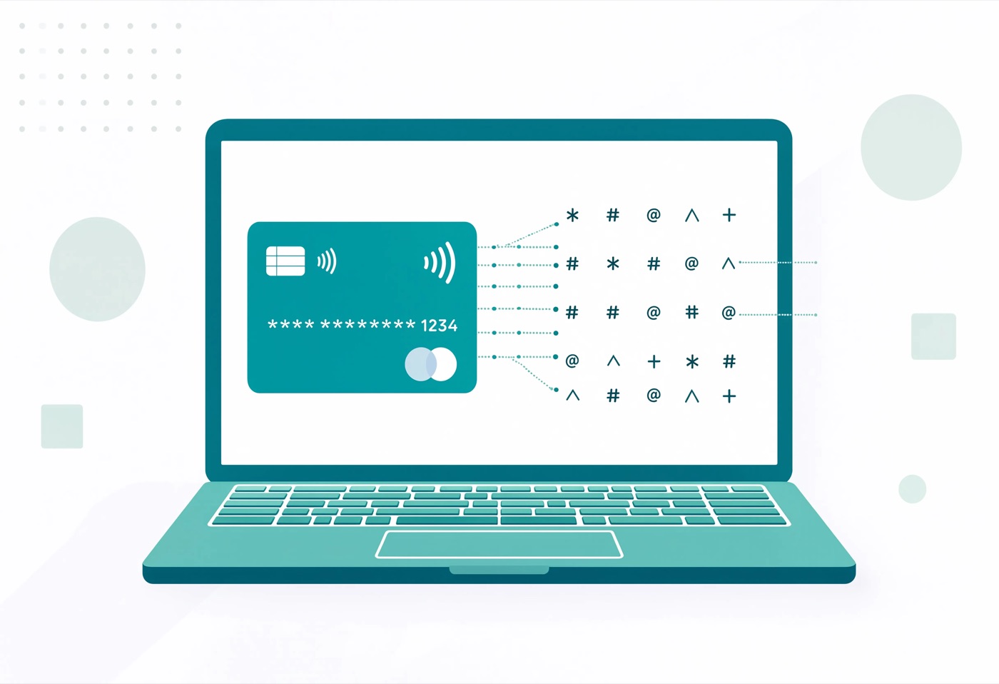 Flat illustration of a card number being replaced by a substitute token inside a secure vault, representing payment tokenization