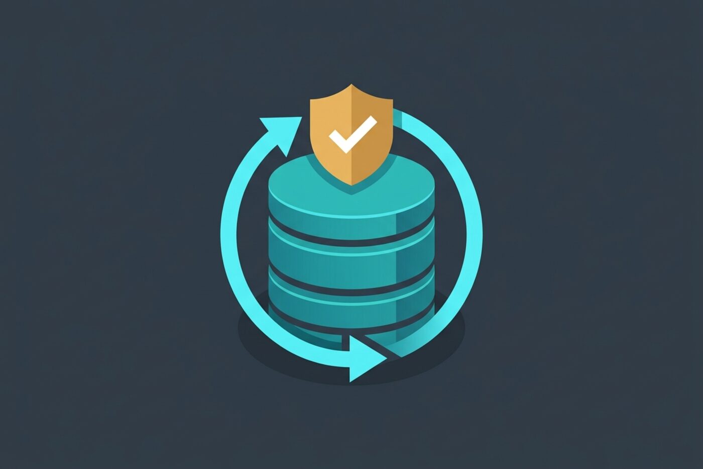 Flat illustration of a stack of backup disks with a circular restore arrow passing through a checkmark shield, representing tested backups