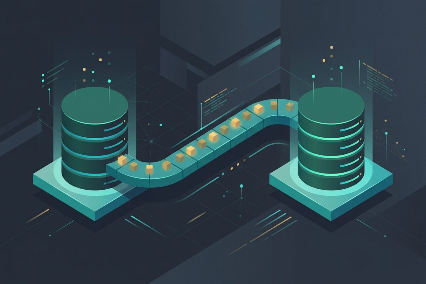 Flat illustration of data blocks flowing along a curved path from one database cylinder to another, representing a zero-downtime database migration
