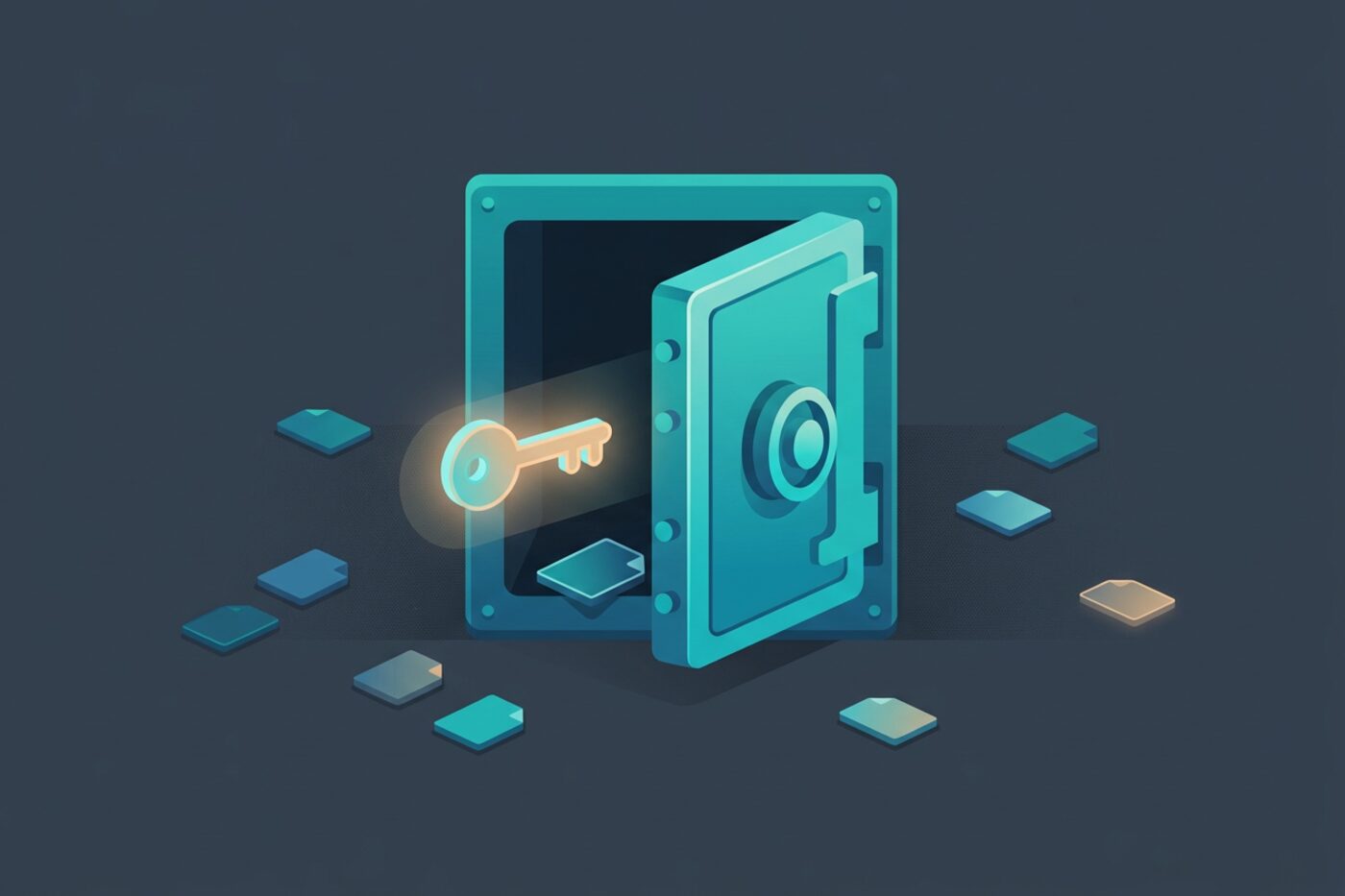 Flat illustration of a vault door ajar with a glowing key and blank file tiles nearby, representing managing secrets and env files