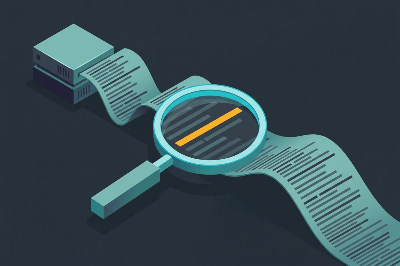 Flat illustration of a magnifying glass over a ribbon of abstract log lines with one line highlighted, representing reading nginx logs